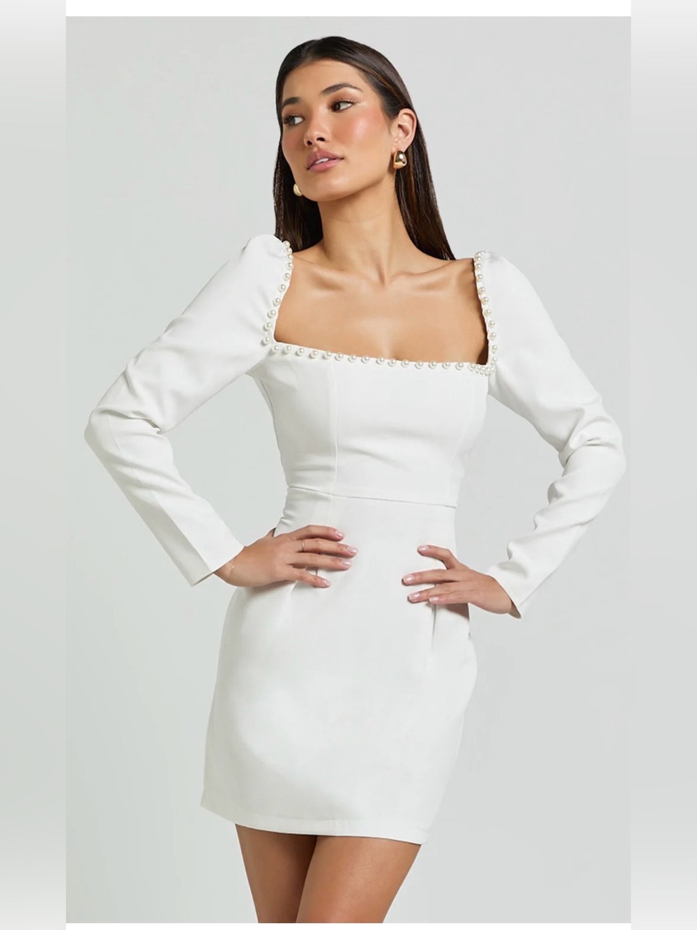 NWT Showpo Oscar Street Long Sleeve Square Neck White Mini Dress Pearl Trim